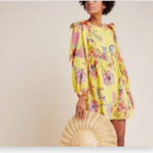 Banjanan Buttercup Birdie Long Sleeve Yellow Flowy Dress Size L - Picture 2 of 10